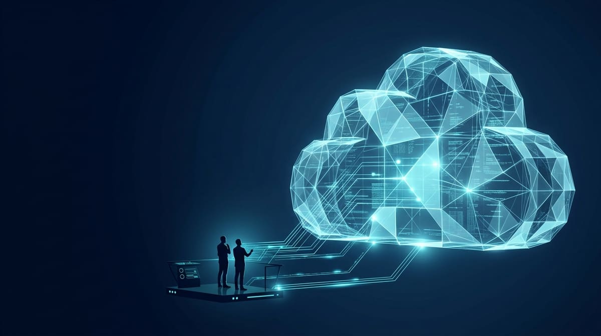 Ilustrasi konsep managed cloud dengan tim yang memantau infrastruktur